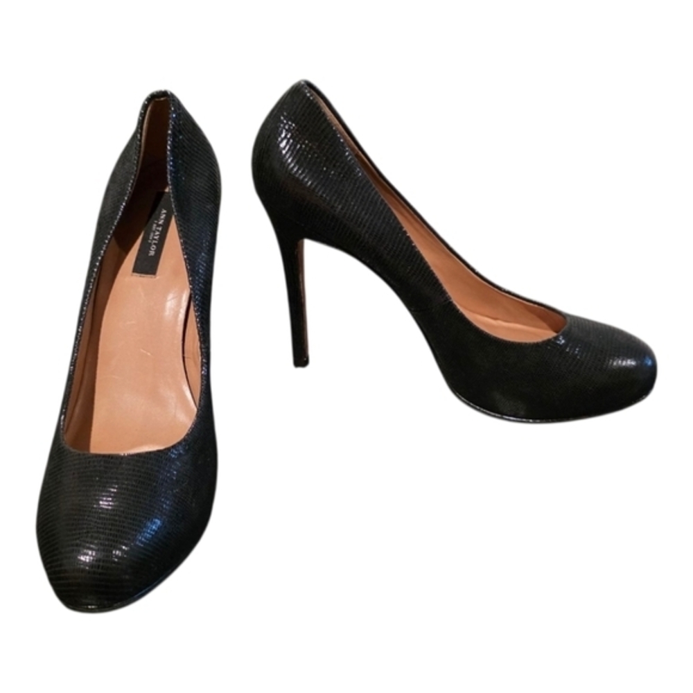 Ann Taylor Black Reptile Embossed Leather Pointed Toe High Heel Pumps Stilettos